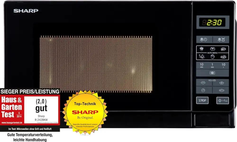 Sharp R242BKW soolomikrolaineahi / 20 L / 800 W / 5 võimsusastet / 8 automaatprogrammi / kaalu- ja ajaga juhitav sulatus / lapselukk / energiasäästurežiim / klaaspöördtaldrik (25,5 cm) / must