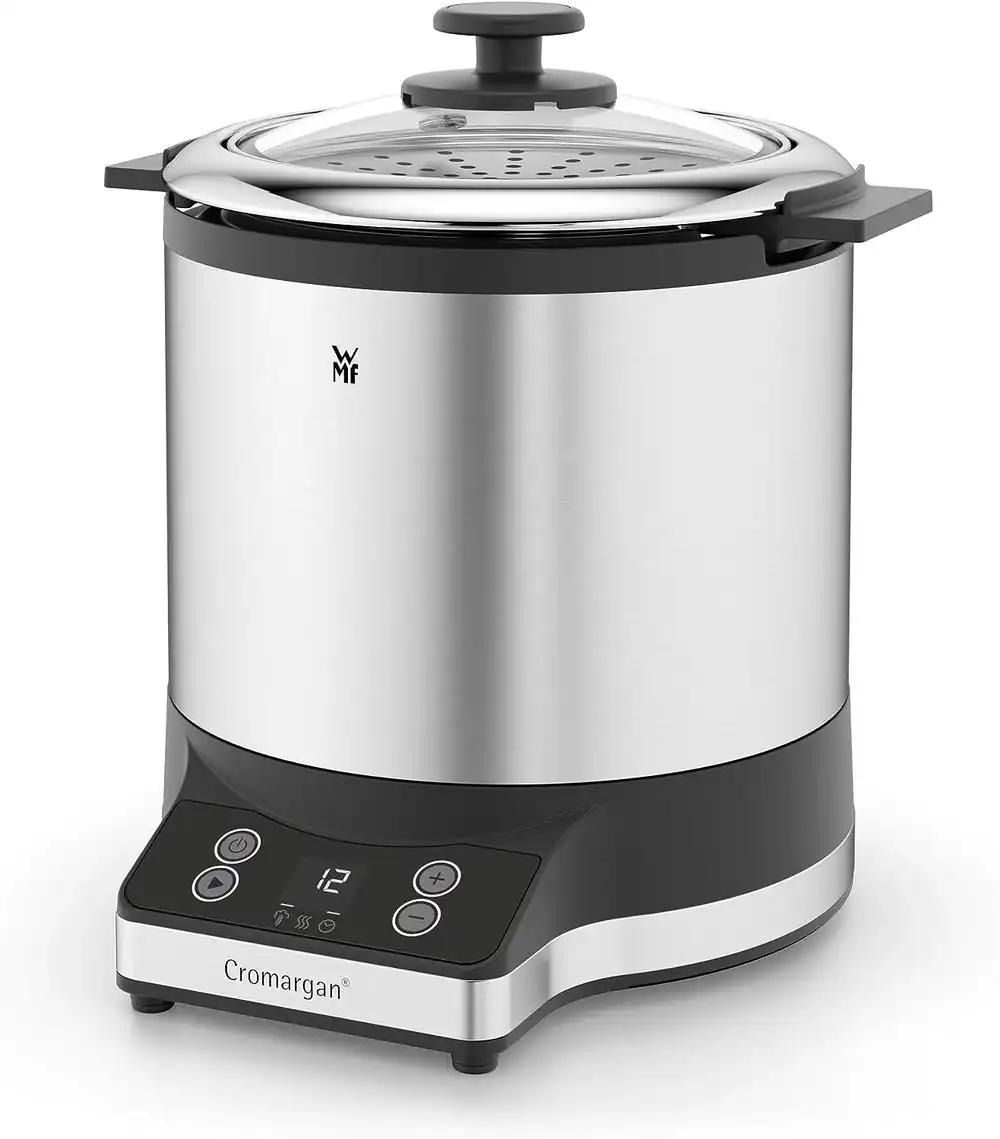 WMF KÜCHENminis mini riisikeetja 220 W, Lunch-to-go karbiga, aurutiga, ruumisäästlik, sisepott to-go kaanega 1l, matt Cromargan