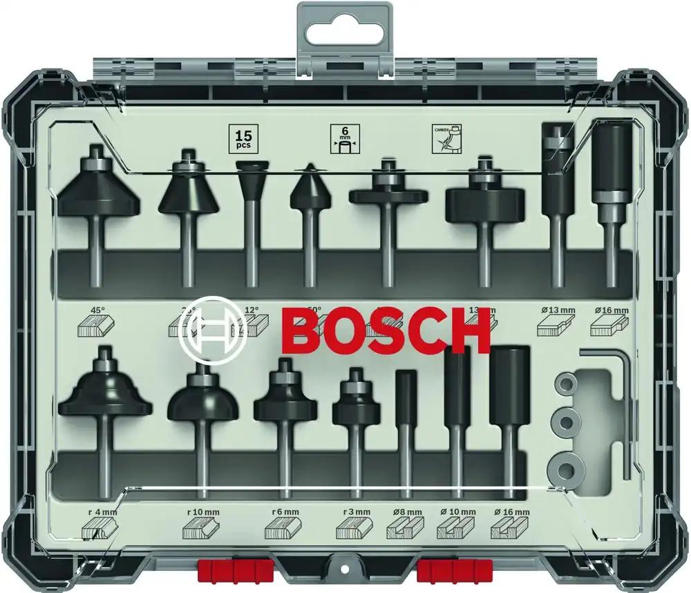 Bosch Professional 15-osaline freesikomplekt Mixed (puutööks, ülafreesidele 6 mm varrega)