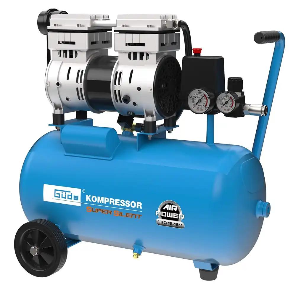 Güde Kompressor Airpower 150/8/24 SILENT (õlivaba, ülimalt vaikne, max. 8 bar, 1100 W, 24 l mahuti, efektiivne õhuvool 130 l/min, rõhuregulaator, 2x manomeeter, turvaventiiil & vee äravoolukork)