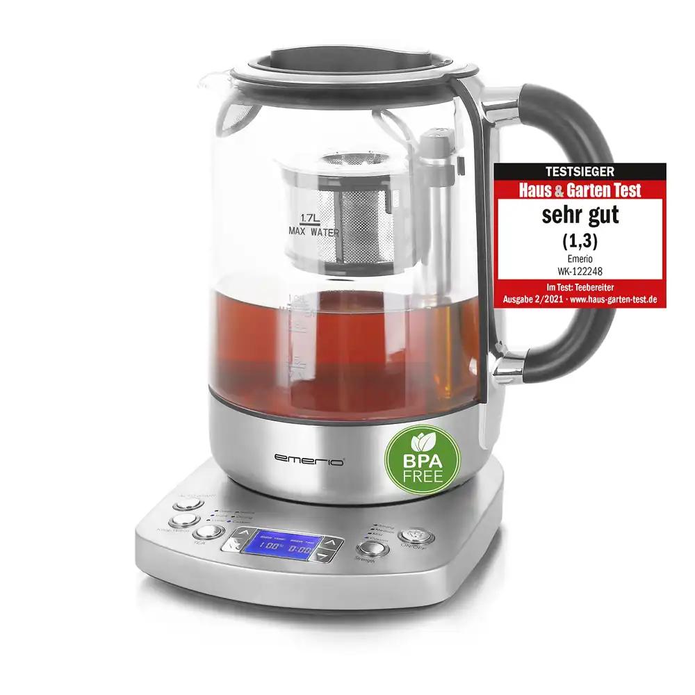 Emerio WK-122248 klaasist teekeetja – TESTIVÕITJA, täisautomaatne teesõel, borosilikaatklaas, BPA-vaba, 1,7L, temperatuurivalik, 2200W, must/hõbe