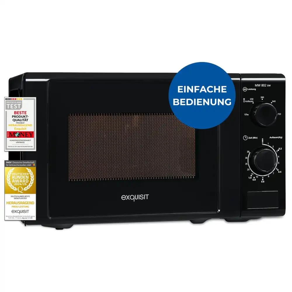 Exquisit mikrolaineahi 20L, 700 W, lihtne kasutus, 25,5 cm pöördalus, 5 võimsusastet, taimer, sulatusfunktsioon, 2 juhtnuppu, MW 802 must