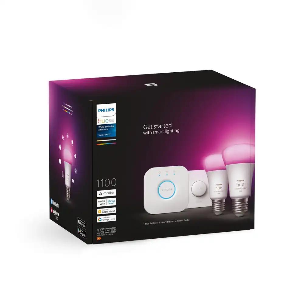 Philips Hue White & Color Ambiance Starter Komplekt E27 Pirnidega (2 tk, 1100 lm), Nutinupp + Hue Bridge, 16 Miljonit Värvi, Hääle ja Äpi Juhitav, Stiftung Warentest Testivõitja (01/2024)