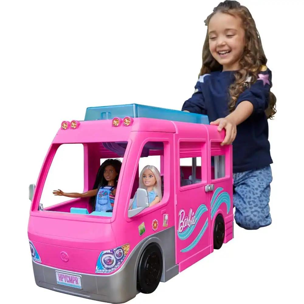Barbie Super Seikluste Matkaauto, 7 mänguala, bassein ja liumägi, 60+ Barbie matkatarvikut, ilma nukuta, kingitus lastele alates 3. eluaastast, HCD46