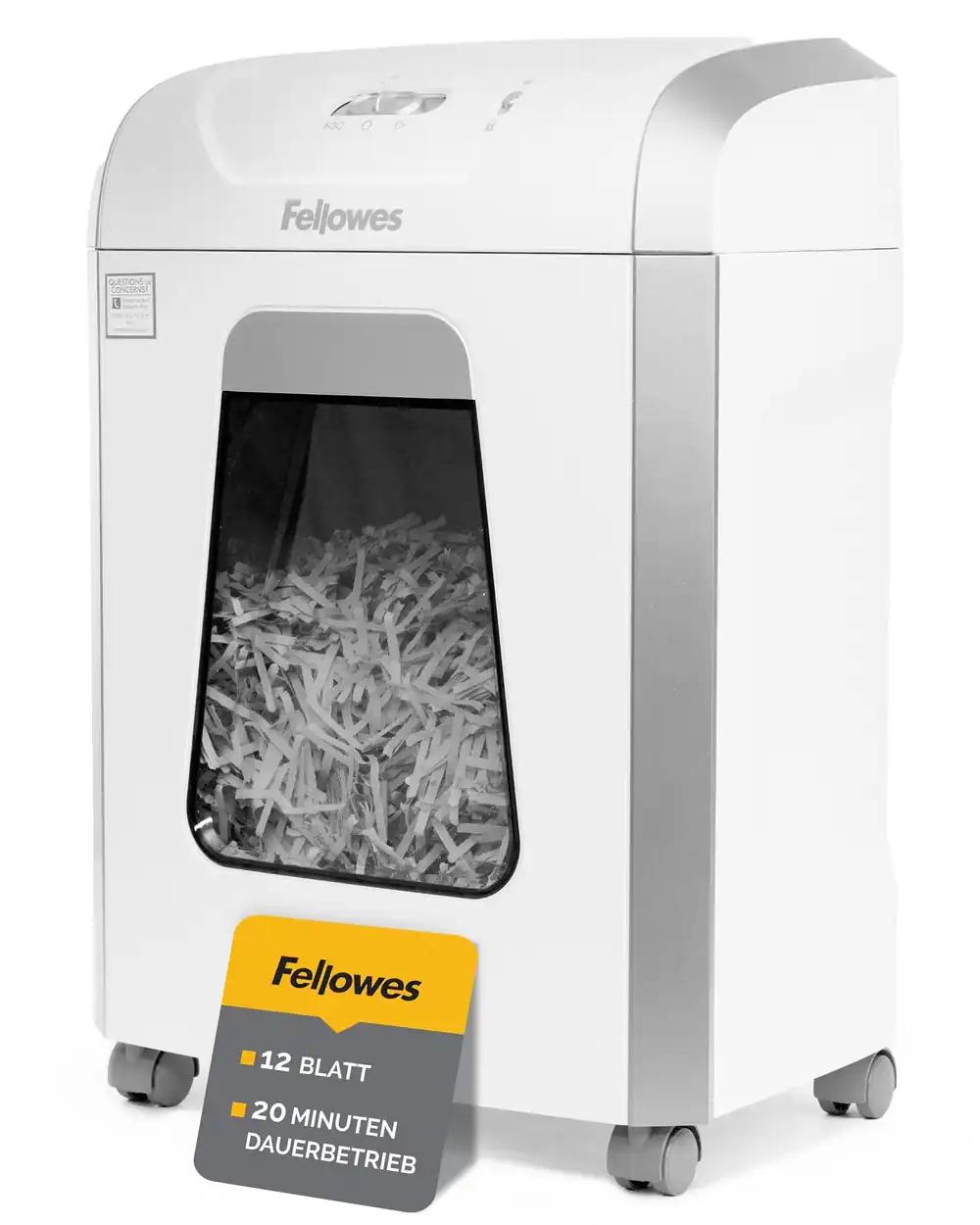 Fellowes dokumendihävitaja, paberipurustaja 12 lehele, osakesteks lõikav, TÜV SÜD + GS sertifitseeritud P4 turvatase, kontorisse ja kodukontorisse, Powershred FS-12C, 19L prügikast, krediitkaartide purustamine, valge