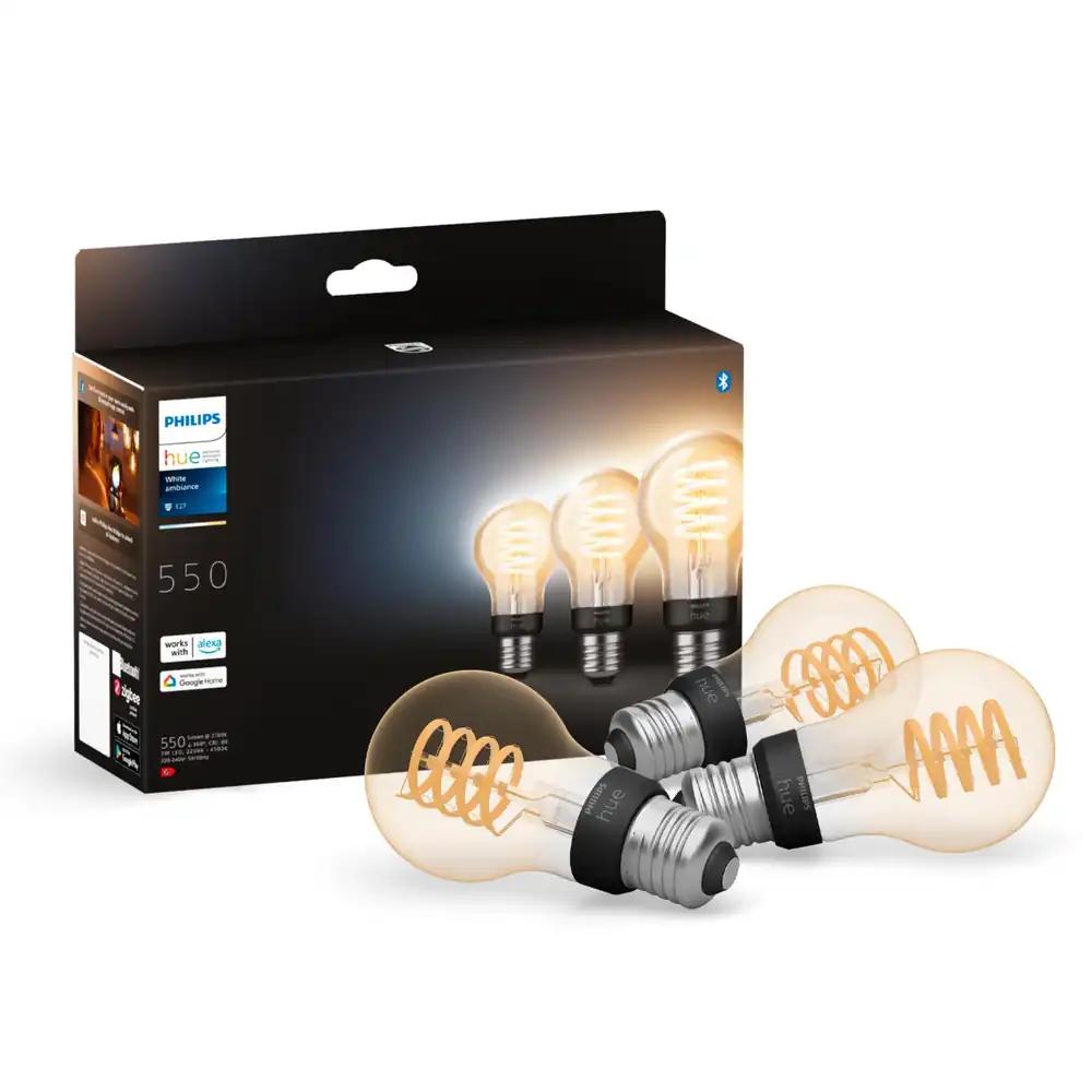 Philips Hue White Ambience E27 Standard Filament, 7W, hämardatav, soe kuni jahe valge valgus, ühilduv Amazon Alexa (Echo, Echo Dot), 3-pakk