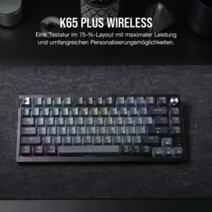 CORSAIR K65 Plus Wireless 75% RGB Hot-Swap Mehhaaniline Gaming Klaviatuur - Eelmääritud MLX Red Lineaarsed Lülitid - Kahekihiline Heli Summutus - PBT Klahvikatted - QWERTZ DE - Must
