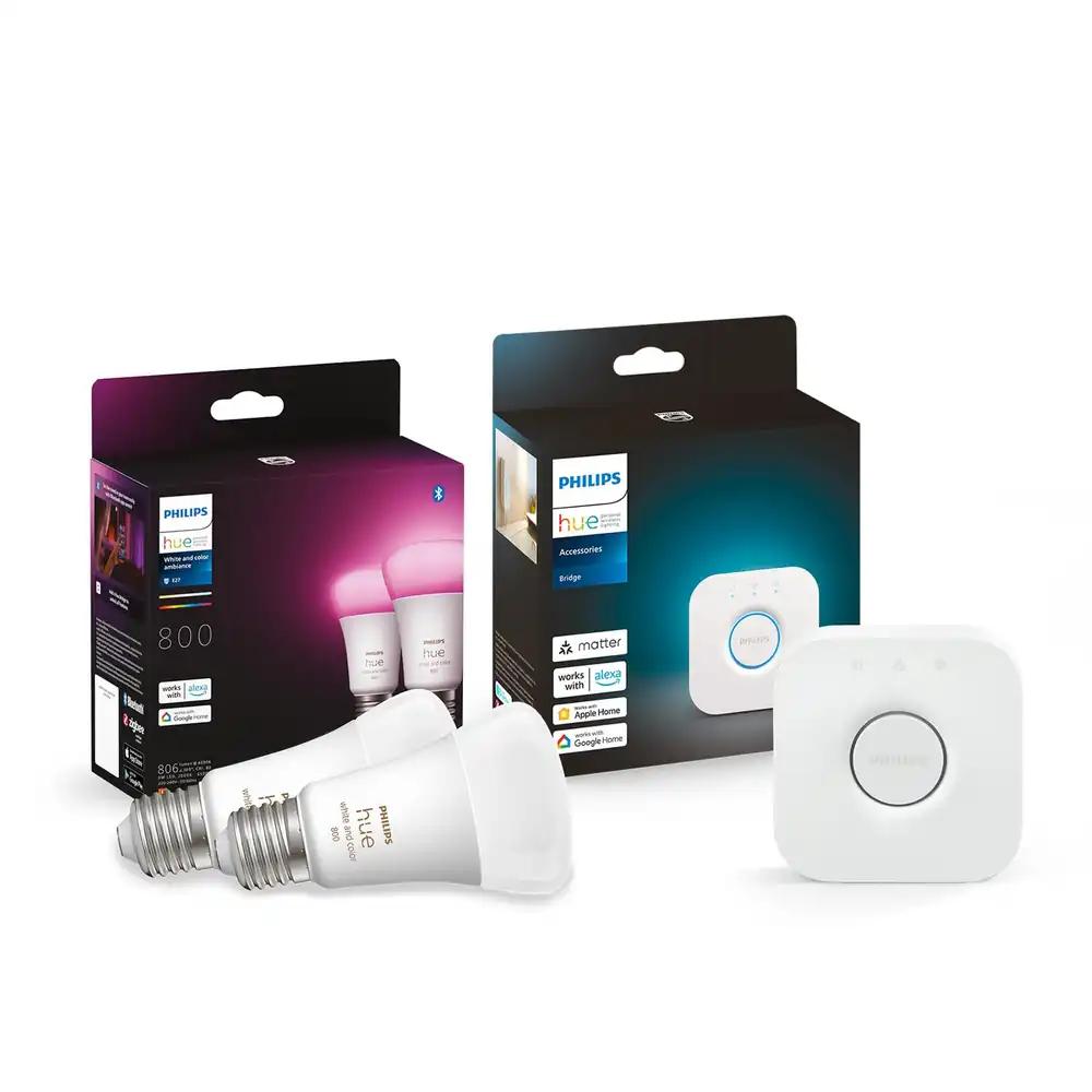 Philips Hue White and Color Ambiance LED E27 lambid koos Hue Bridge juhtimiskeskusega, 2 tk, 800 lm, 16 miljonit värvi ja valget tooni, juhtimine rakenduse, lülitite ja häälega