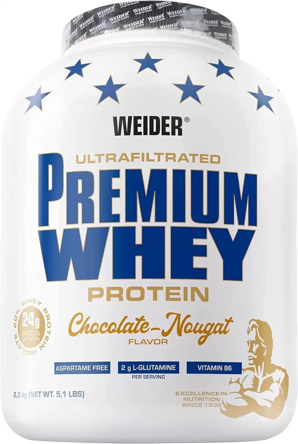 Weider Premium Vadakuvalgu Pulber – Kõrge valgusisaldus, vähe süsivesikuid ja rasva, L-glutamiin ja B6-vitamiin – 2,3 kg – Šokolaadi-Nougat