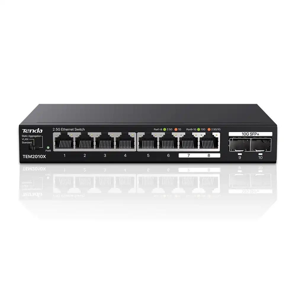 Tenda 2,5 Gbit/s switch 8x 2,5G pordi ja 2x 10G SFP+ portidega (VLAN, staatiline koondamine, Plug-and-Play, haldamata, ventilaatorita, metallkorpus) (TEM2010X)