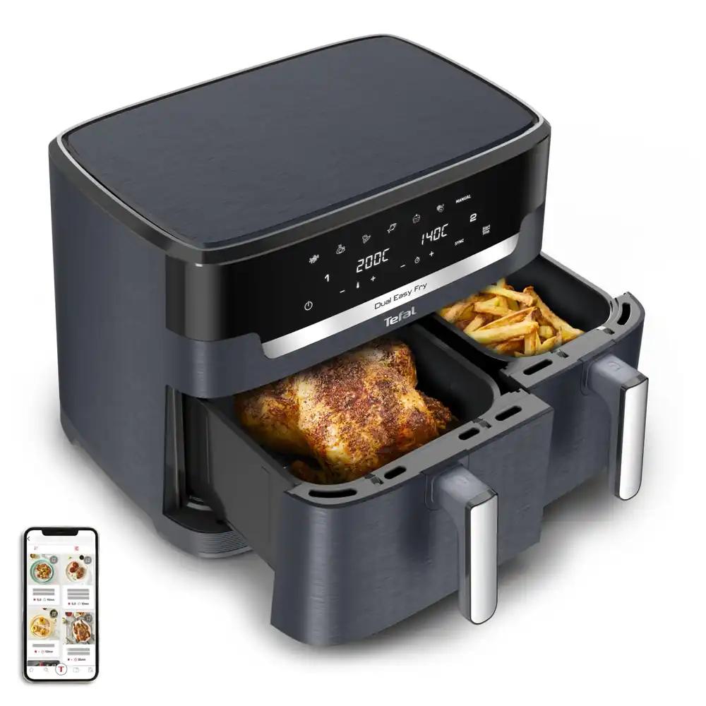 Tefal Dual Easy Fry XXL kahekambriline kuumaõhufritüür, 11-liitrine mahutavus, 6,5 L sahtel + 4,5 L sahtel, 99% vähem rasva, 7 automaatset küpsetusprogrammi, nõudepesumasinas pestav, hall, EY942BE0