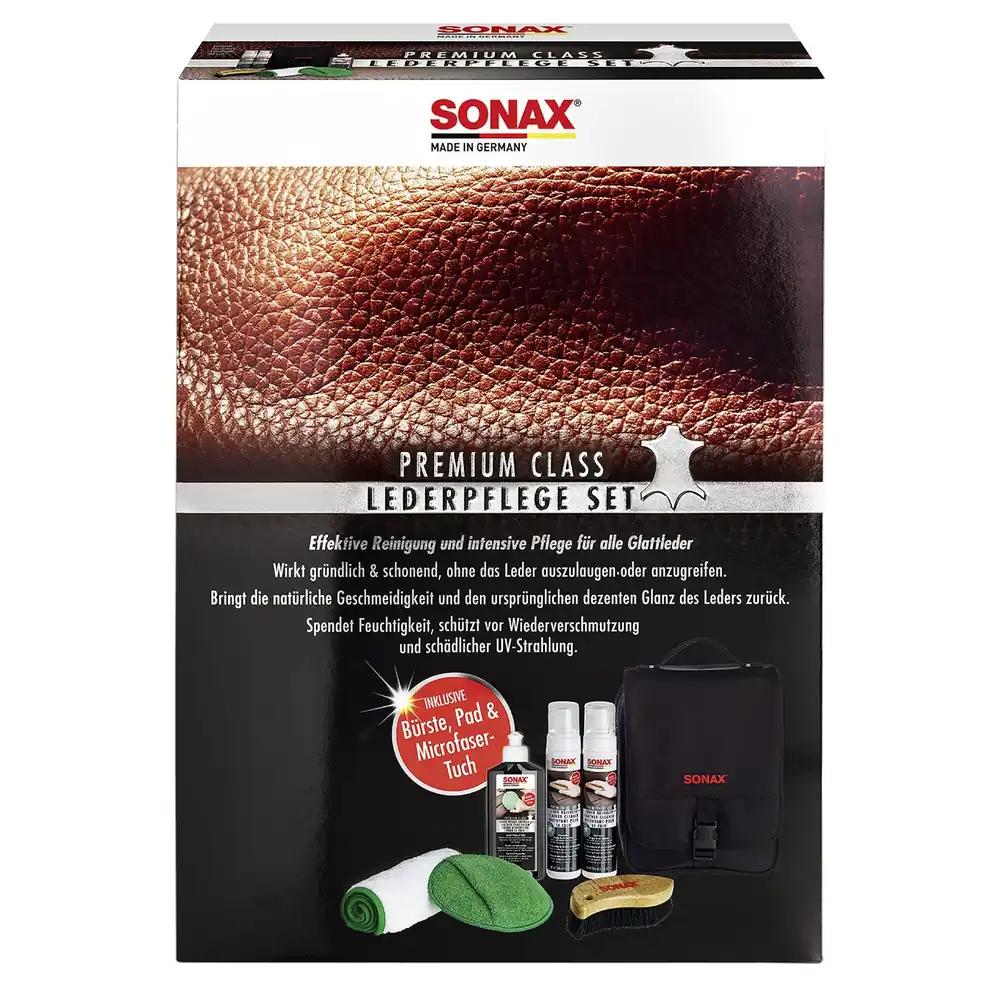 SONAX PREMIUM CLASS Nahahoolduskomplekt (3x 250 ml) – 2x Nahapuhastusvahend, 1x Nahahoolduskreem, 1x Mikrokiudlapp, 1x Mikrokiudhoolduspadjake, 1x Intensiivne puhastushari