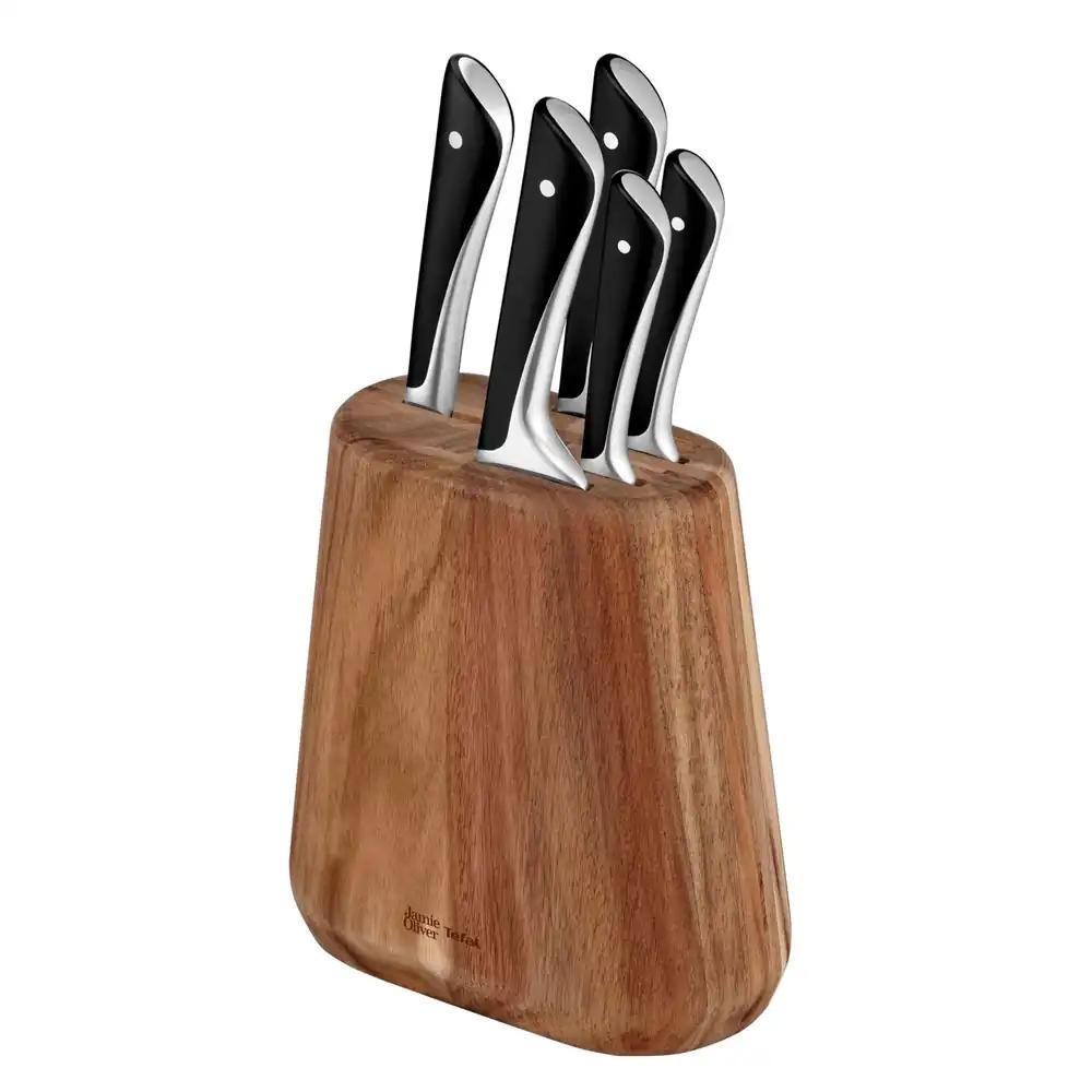 Jamie Oliver by Tefal 5-osaline kööginoasari + plokk, kokanoa/Santoku-/leivanoa/ universaal-/koorimisnuga, jääkarastatud, Saksa roostevabast terasest terad, akaatsiapuit plokk, pruun, K267S556
