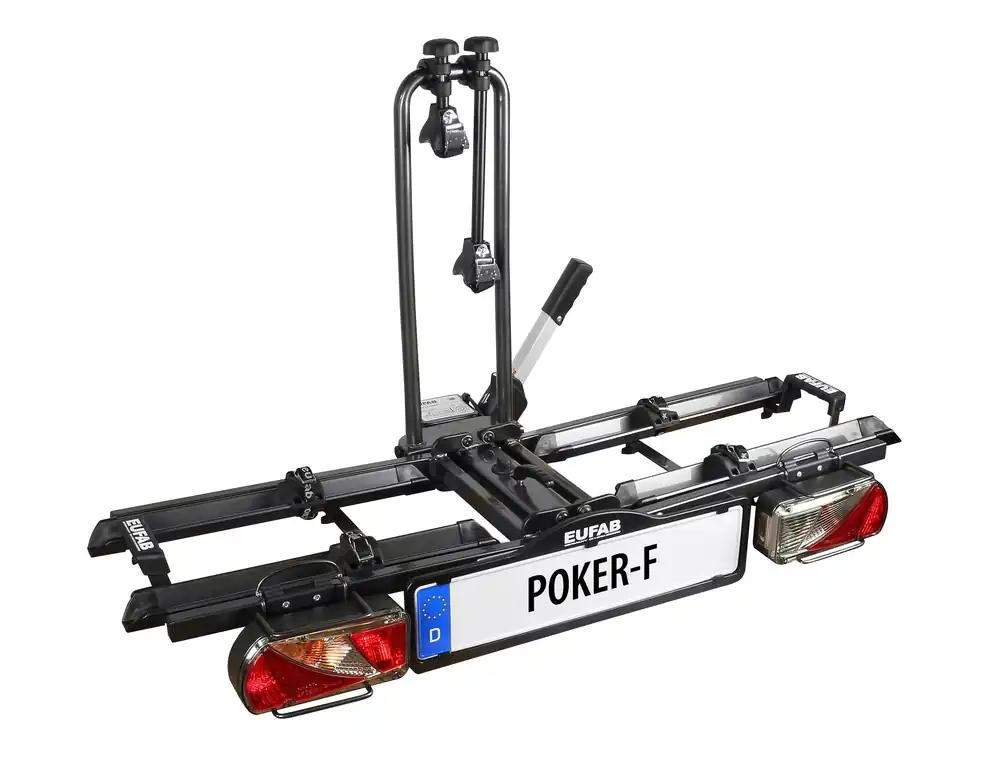 EUFAB 12010LAS jalgrattahoidja POKER-F, sobib elektriratastele, täielikult monteeritud, vargakaitse, 2 jalgrattale, haagisekonksule, must, 142 x 70 x 58 cm