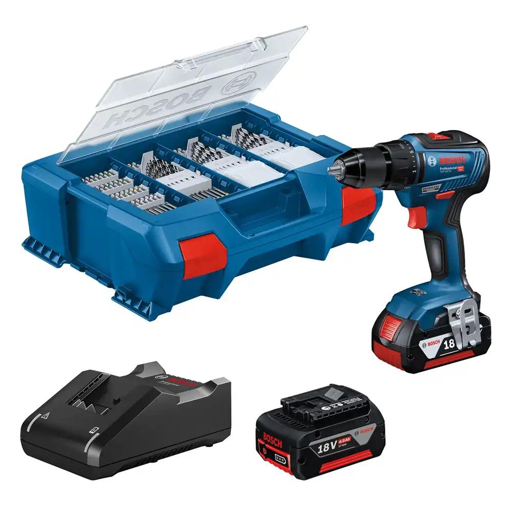 Bosch Professional 18V süsteemi akutrell GSR 18V-55 (55 Nm pöördemoment, 1.800 p/min, 2x 4.0Ah aku, laadija GAL 18V-20, 82-osaline tarvikukomplekt, L-Case Pick & Click)