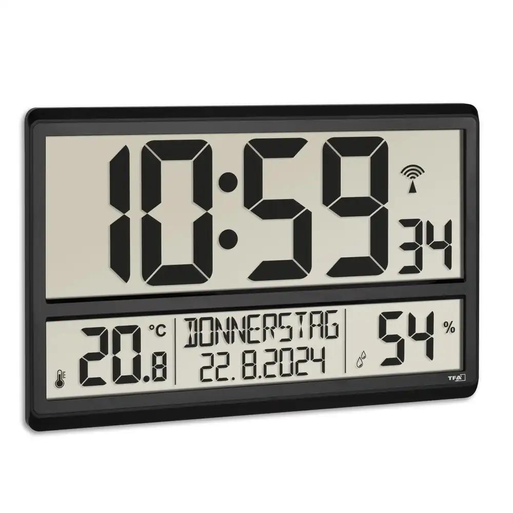 TFA Dostmann XL digitaalseinäkell, 60.452999, termomeetri ja niiskusmõõtjaga, nädalapäeva näidik (8 keelt), raadiokontroll, suur ja selge, must, (L) 360 x (B) 235 x (H) 28 (84) mm