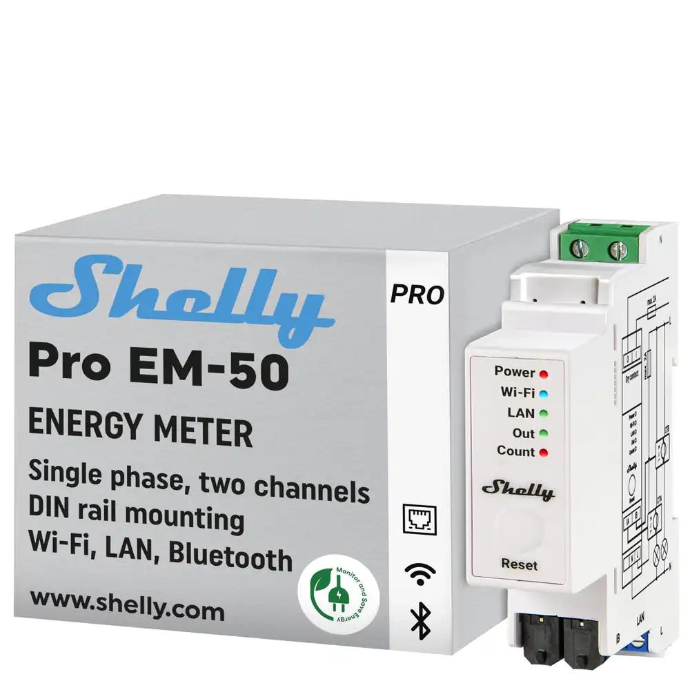 Shelly Pro EM 50A | Wi-Fi ja Bluetooth energiatarbimise mõõtja koos kontaktori juhtimisega | Nutikas koduautomaatika | Ühildub Alexa ja Google Home’iga | iOS ja Android rakendus | Pole hubi vaja