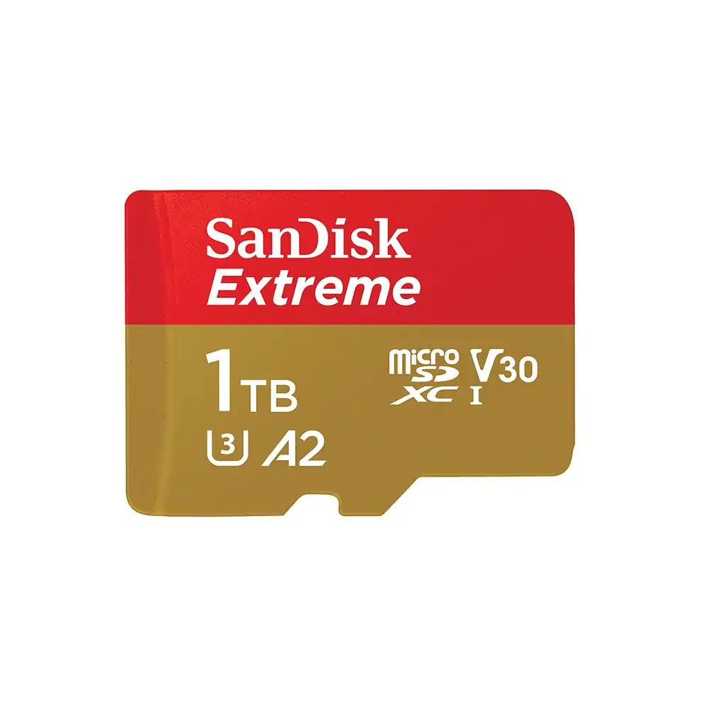 SanDisk Extreme MicroSDXC UHS-I mälukaart 1 TB SD-adapteriga (1 aasta RescuePRO Deluxe, lugemiskiirus kuni 190 MB/s, A2, C10, V30, U3, 30-aastane garantii) Punane/Kuldne