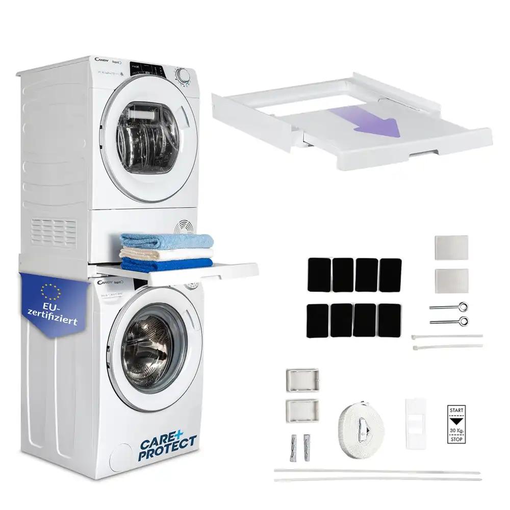 CARE+PROTECT universaalne vahepealne ühendusraam väljatõmmatava riiuliga pesumasinatele ja kuivatile, sobib seadmetele sügavusega 47-62 cm, ruumisäästlik, valge, kandiline esikülg
