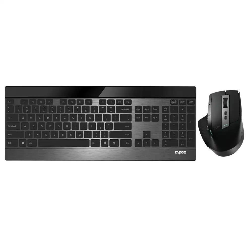 Rapoo 9900M juhtmevaba klaviatuuri-hiire komplekt – 3200 DPI sensor, laetav aku, alumiiniumdisain, DE-paigutus QWERTZ – must