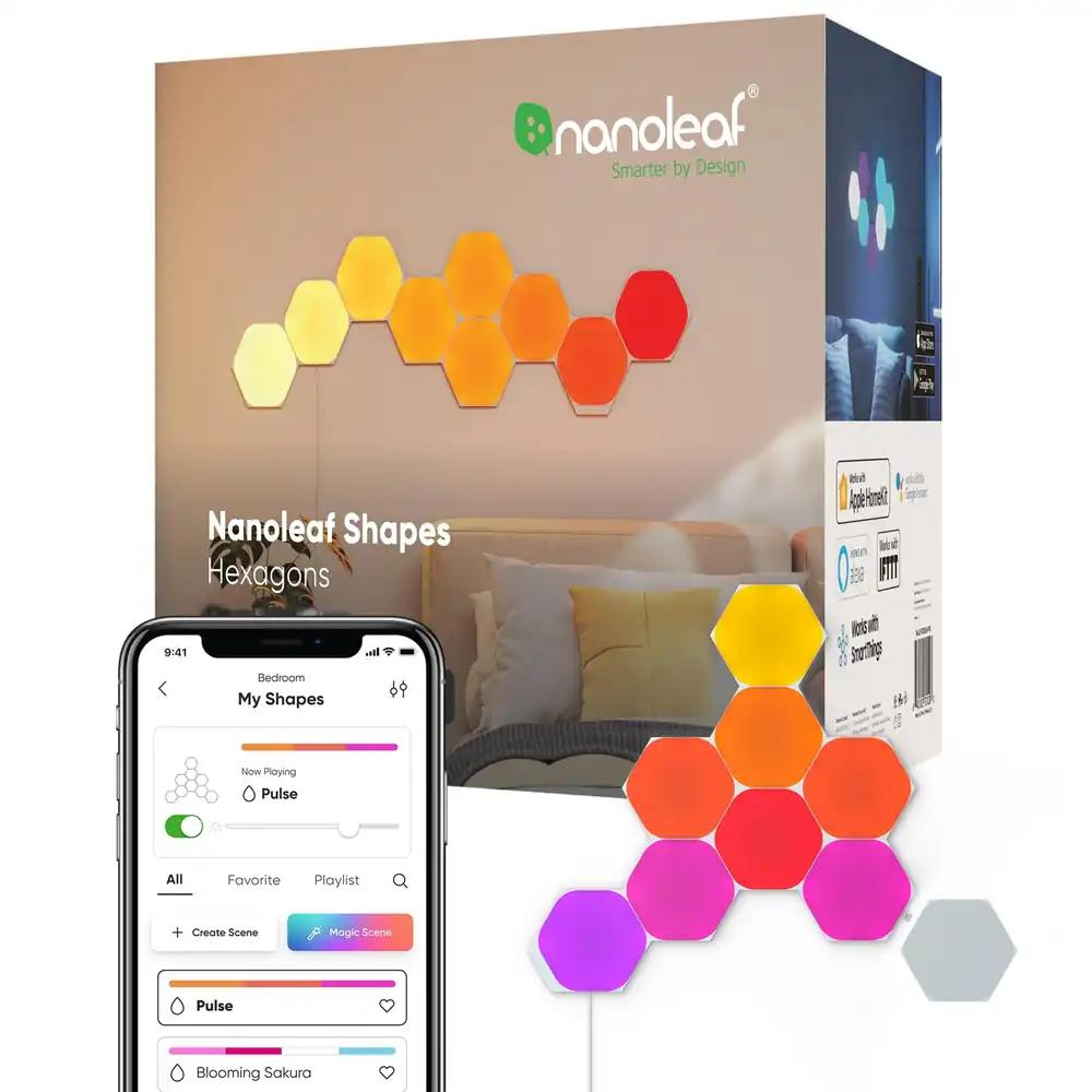 Nanoleaf Shapes Hexagon Starter Kit, 9 nutikat LED-paneeli RGBW – modulaarne WiFi seinavalgusti 16 miljoni värviga, muusika & ekraani sünkroonimine, töötab Alexa, Google ja Apple’iga, ideaalne sisekujunduseks & mängimiseks