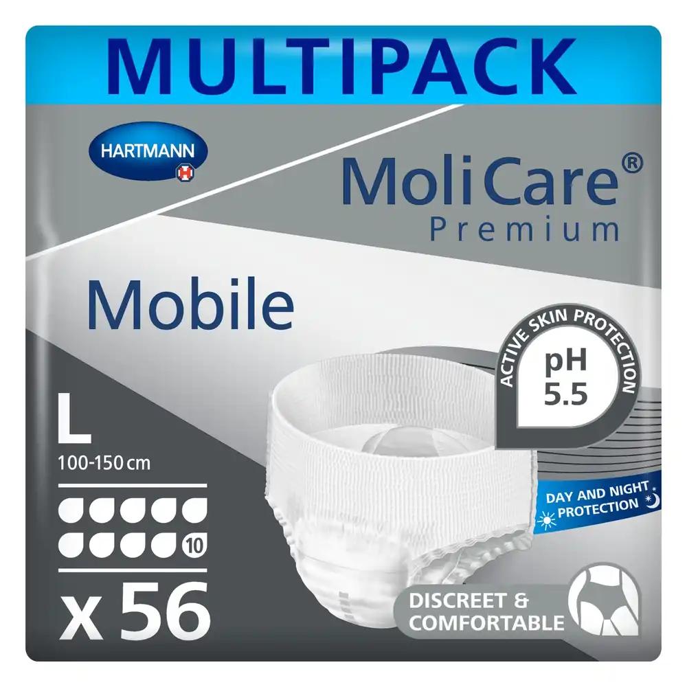MoliCare Premium Mobile ühekordsed püksid: diskreetne kaitse uriinipidamatuse korral naistele ja meestele; 10 tilka, suurus L (100-150 cm puusaümbermõõt), 4×14 tk