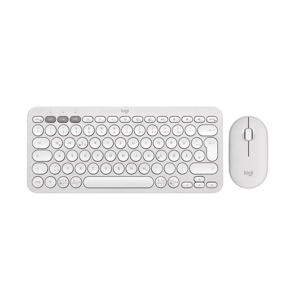Logitech Pebble 2 Combo, juhtmevaba klaviatuur ja hiir, vaikne ja mobiilne, kohandatav, Logi Bolt, Bluetooth, Easy-Switch Windows, macOS, iPadOS, Chrome – Saksa QWERTZ-paigutus, Valge