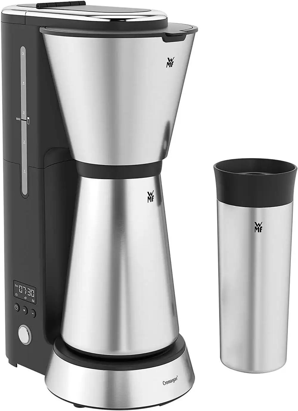 WMF Küchenminis Aroma filterkohvimasin väike termokannuga, 870 W, termokruus to go, väiksem üksikkohvimasin taimeriga, matt Cromargan