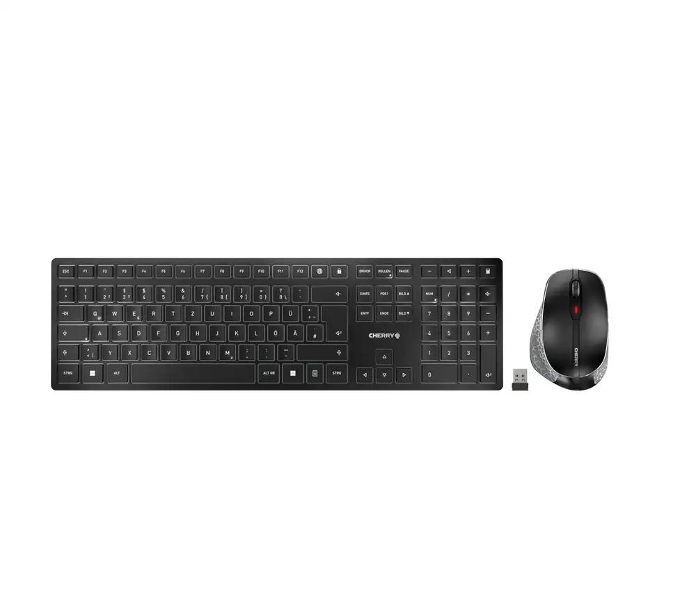 CHERRY DW 9500 SLIM, Juhtmevaba klaviatuuri ja hiire komplekt, Saksamaa paigutus (QWERTZ), Bluetooth või 2,4 GHz ühendus, Ergonoomiline paremakäeline hiir, Must-Hall