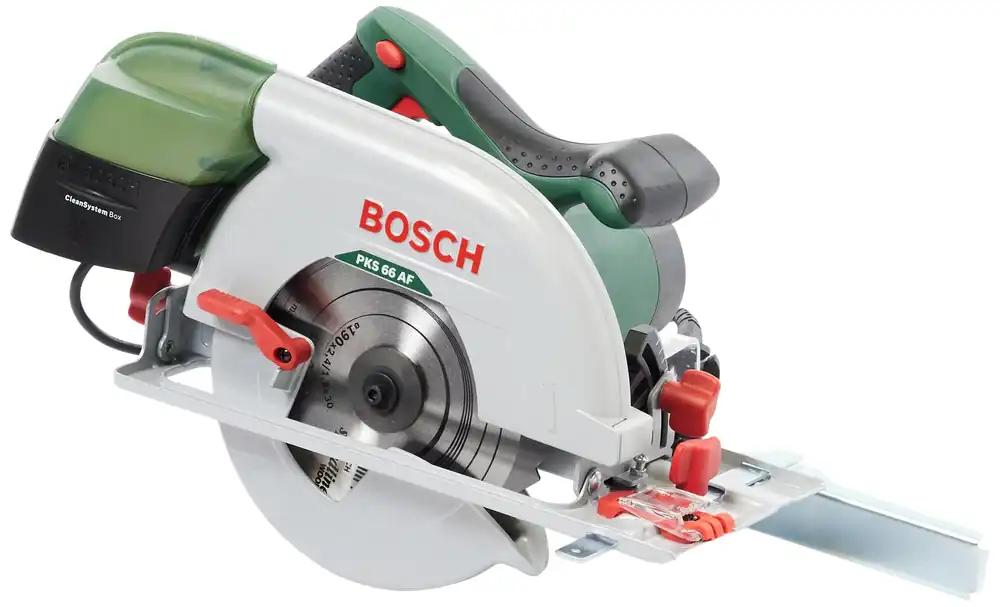 Bosch ketassaag PKS 66 AF (täpne lõikamine puidus, 1600 W, maks. lõikesügavus 66 mm, 3-osaline juhtsiinide komplekt)