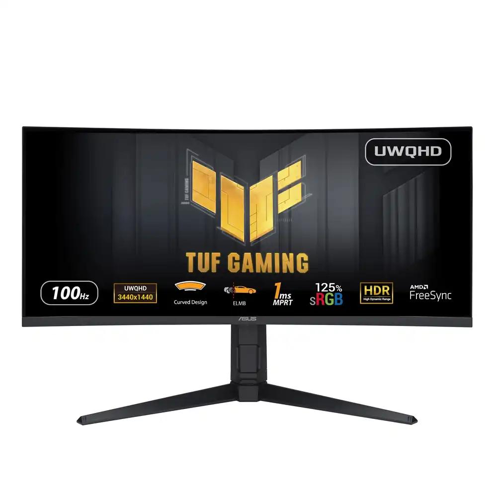 ASUS TUF Gaming VG34VQEL1A – 34” UWQHD Kumer Monitor – 100 Hz, 1 ms MPRT, FreeSync, HDR10 – VA-paneel, 21:9, 3440×1440, DisplayPort, HDMI, USB, ergonoomiline
