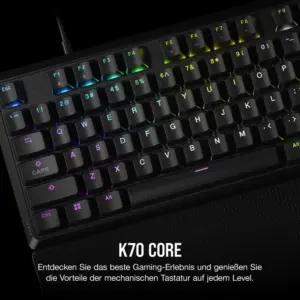 Corsair K70 CORE RGB mehaaniline mänguriklaviatuur randmetoega – eelmääritud MLX Red lineaarlülitid