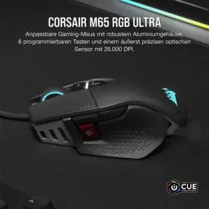 CORSAIR M65 RGB ULTRA Juhtmega FPS Mänguhiir - 26 000 DPI - Optilised Lülitid - Kaalusüsteem - AXON Hyper-Processing Tehnoloogia - iCUE Ühilduvus - PC