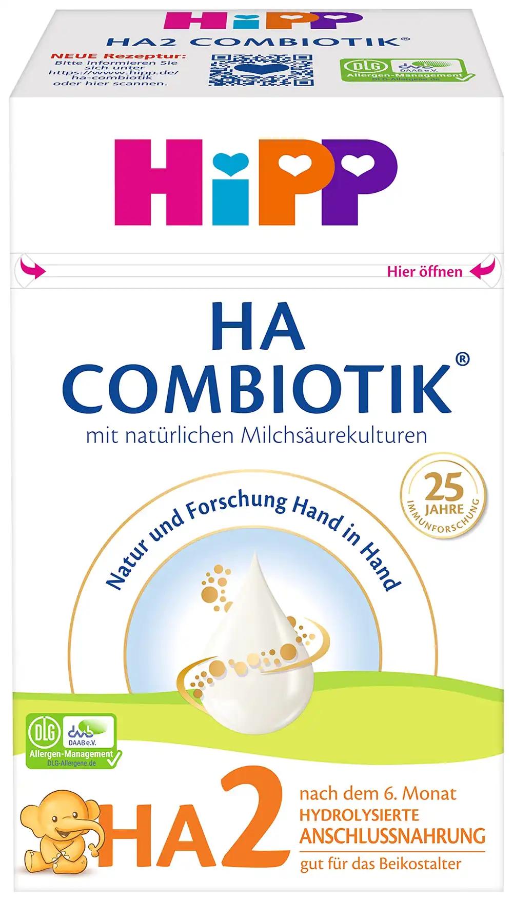 HiPP HA 2 Combiotik, hüdrolüüsitud jätkupiimasegu (4 x 600g) – alates 6. elukuust, looduslike piimhappebakteritega, GOS, Omega-3 (DHA, ALA), tundlikule immuunsüsteemile