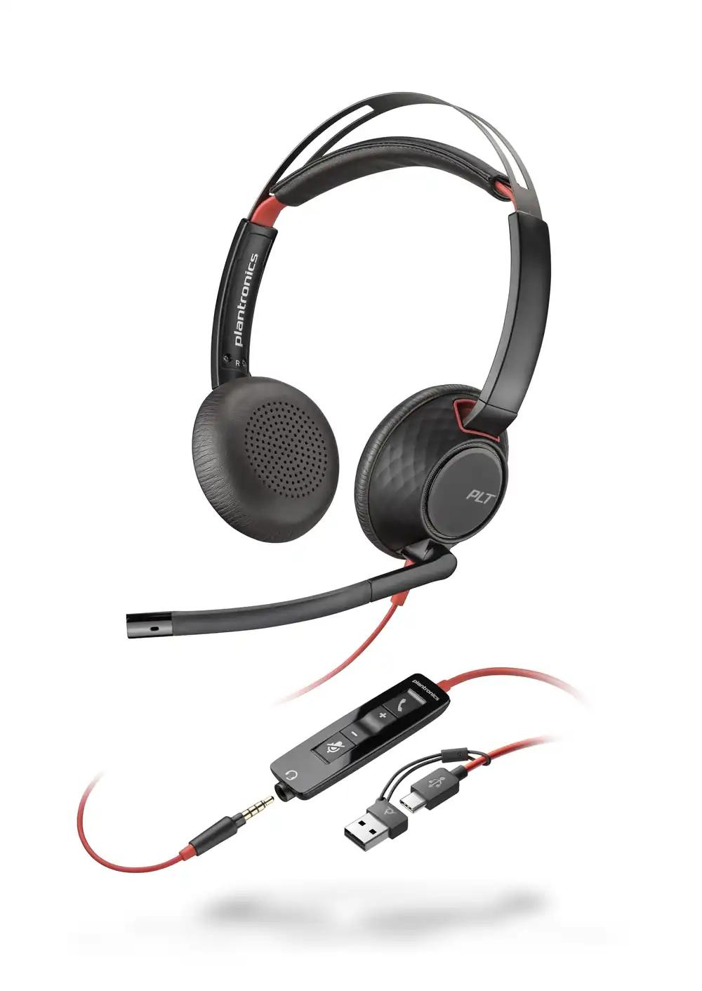 Poly Blackwire 5220 juhtmega peakomplekt, paindlik mürasummutav mikrofonivars, ergonoomiline disain, ühendus PC/mobiilseadmetega USB-C, USB-A või 3,5 mm kaudu, Teams/Zoom ühilduvus