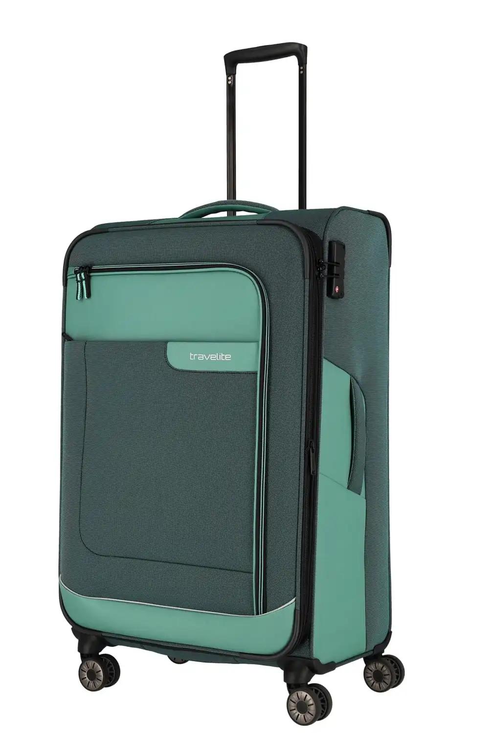 Travelite 4-rattaline kohver, suurus L, pehme kest taaskasutatud materjalist – VIIA sari: Trolley laiendatava voldiga ja nurkade kaitsega, 77 cm, 91-103 liitrit