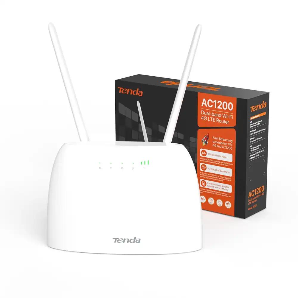 Tenda 4G07 4G LTE WLAN ruuter SIM-kaartidele (CAT4, AC1200 kaheksaalaline 2,4GHz: 300Mbit/s + 5GHz: 867Mbit/s, 150 Mbit/s allalaadimine) Plug & Play, LAN/WAN-port, 2 eemaldatavat antenni, MU-MIMO, Valge