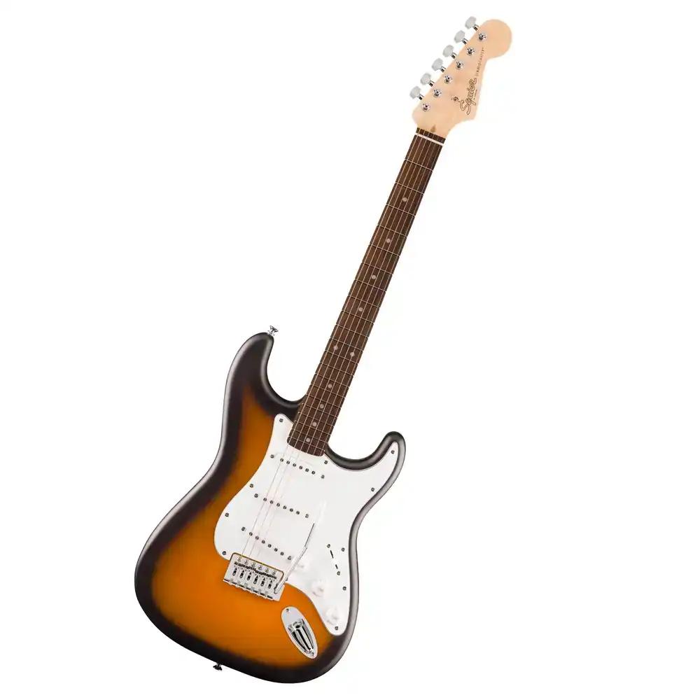 Squier by Fender Debut Collection Stratocaster E-Kitarr, Looreeri sõrmlaud, Valge plekiplaat, 2-värvi päikeseloojang
