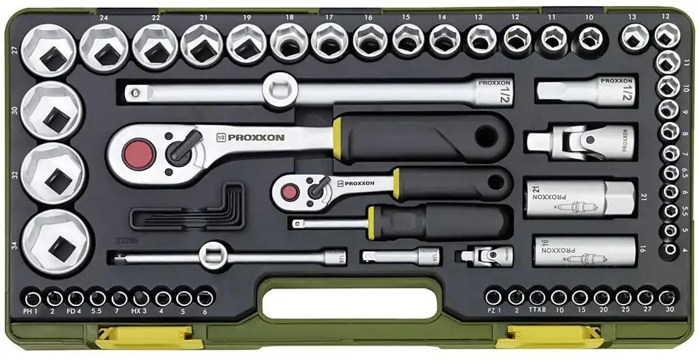 Proxxon 23286 padrunvõtmete komplekt 6,3 mm (1/4″) ja 12,5 mm (1/2″) ümberlülitatava rätsliga, 65-osaline tööriistakomplekt plastkohvris