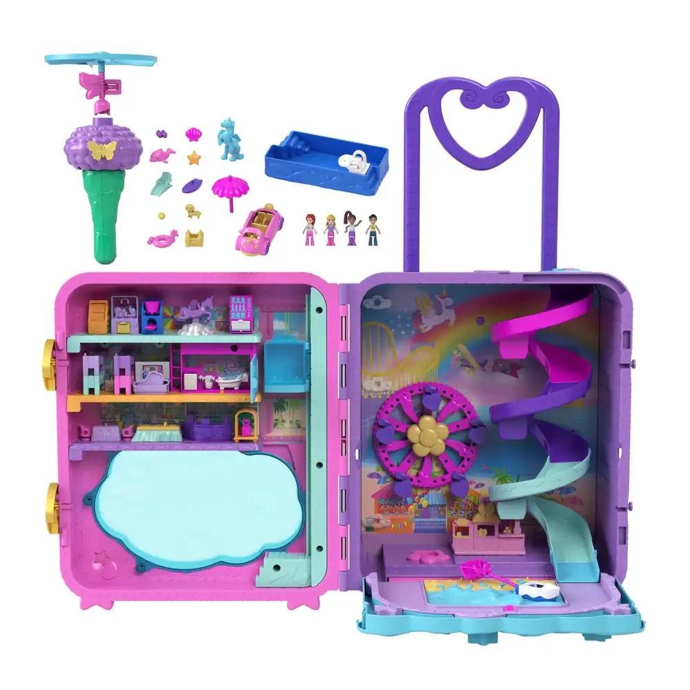 Polly Pocket Pollyville Puhkus Kohvriga – 4 Nukku, 1 Sõiduk, 25+ Tarvikut, Rand, Promenaad, Kolmekorruseline Hotell ja Helikopter, Lastele Alates 4. Eluaastast, HKV43