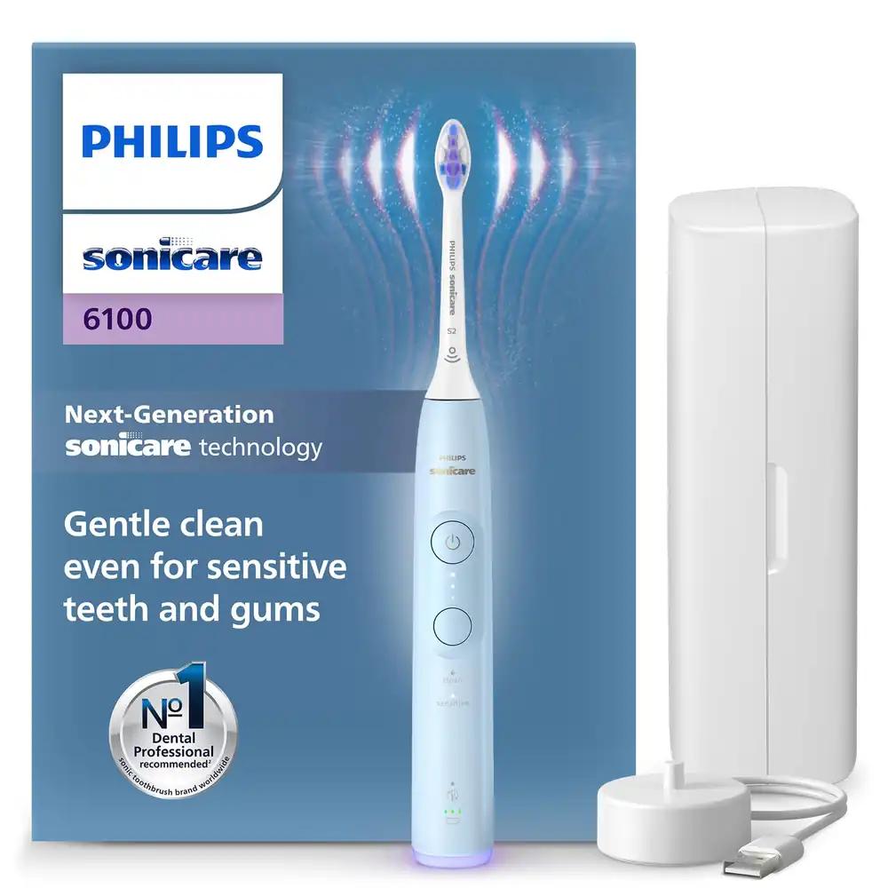 Philips Sonicare 6100 elektriline hambahari, helitehnoloogiaga hambahari 2 harjamisrežiimi ja 3 intensiivsuse tasemega, rõhukontroll, EasyStart, SmarTimer ja BrushPacer, helesinine, mudel HX7406/02