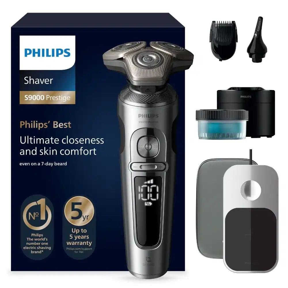 Philips S9000 Prestige pardel – elektriline märg- ja kuivpardel, kroomitud viimistlus, Lift & Cut raseerimissüsteem, SkinIQ-tehnoloogia, habemestyler, puhastusjaam ja Qi-laadimisalus (SP9885/35)