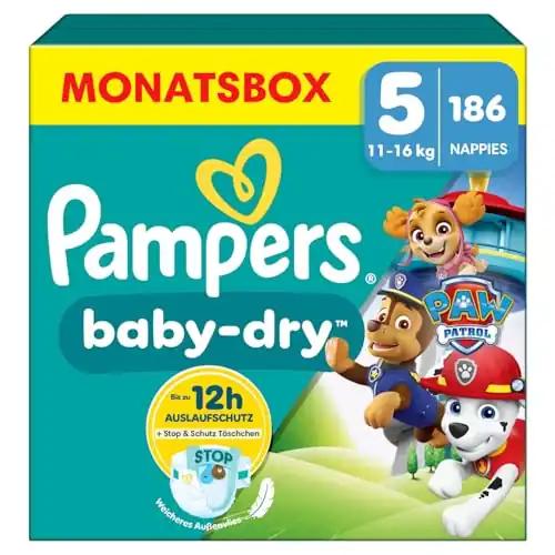 Pampers Paw Patrol (Baby-Dry), Mähkmed Suurus 5 (11kg-16kg), Limited Edition, 186 tk, kuni 12h lekkevaba kaitse