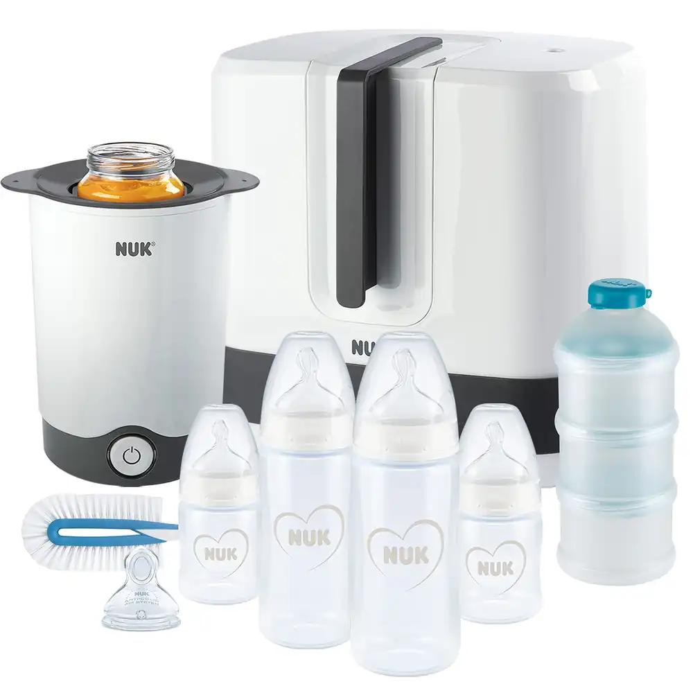 NUK First Choice+ täiskomplekt söötmiseks | Vario Express sterilisaator, 4 beebipudelit, 1 lutiotsik, pudelisoojendaja ja rohkem | Südamekujuline (neutraalne) | 9 osa