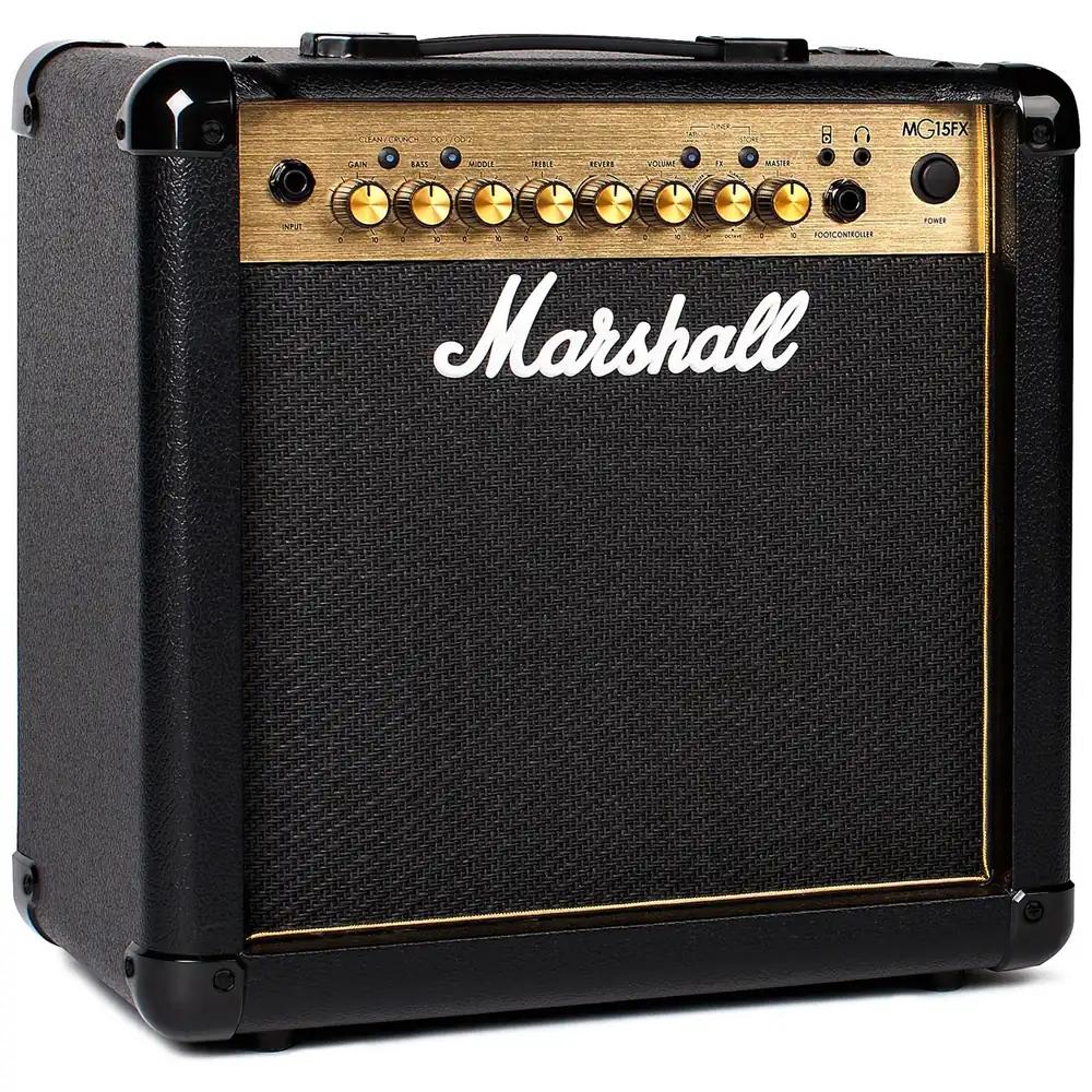 Marshall MG15GFX kitarrivõimendi sisseehitatud efektidega – harjutusvõimendi, sobib elektrikitarrale – must ja kuldne