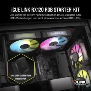 Corsair iCUE LINK RX120 RGB 120mm PWM-ventilaatorid iCUE LINK süsteemihubiga – Magnetiline kuplilaager – Kolmepakk – Must