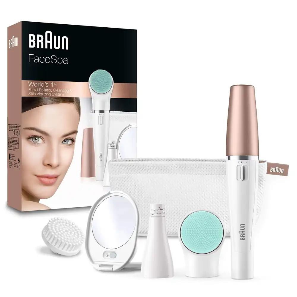 Braun FaceSpa näoeemaldaja naistele, näopuhastushari, massaažipadi, peegel ja kott, karvaeemaldus ja puhastus, kingitus naistele, 851v, valge/pronks