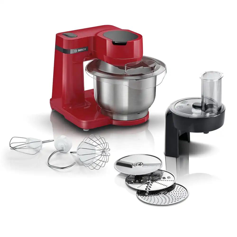 Bosch köögikombain Serie 2 MUMS2ER01, roostevabast terasest kauss 3,8 L, planetaarsüsteem, taignakonks, vispel, segamislabidas, viilutaja kolme kettaga, 700W, punane