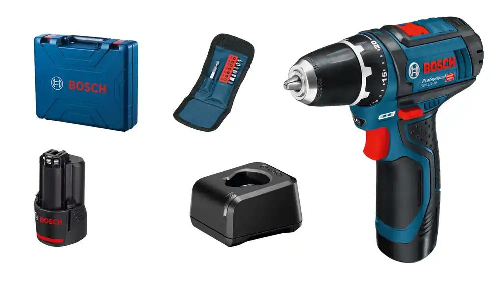 Bosch Professional 12V süsteemi akuga trell-kruvikeeraja GSR 12V-15 (sh 2x 2,0Ah aku, laadija GAL 12V-20, 10-osaline tarvikute komplekt, tööriistakohver)