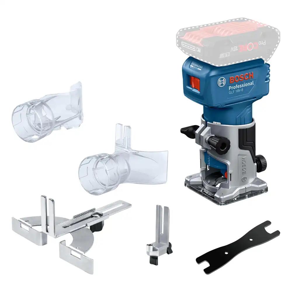 Bosch Professional 18V süsteemi akuga servafrees GLF 18V-8 (sh paralleeljuhik, tolmuadapter, rulljuhik, 8 mm padrun, pingutusvõti, ilma aku ja laadijata)